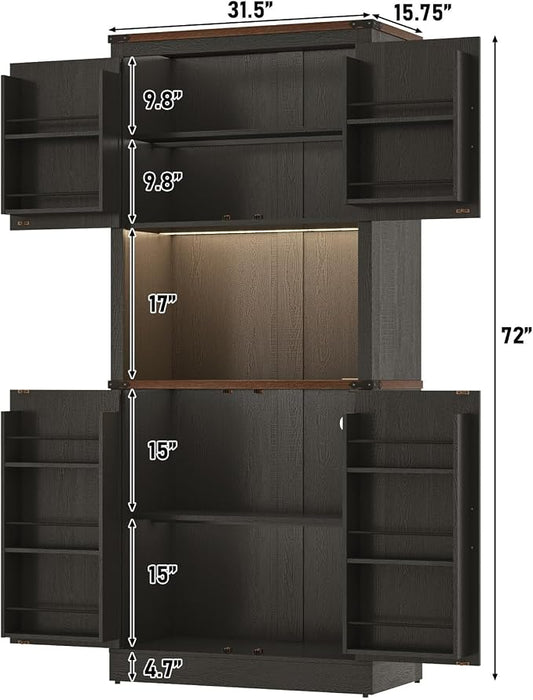 72" Tall Farmhouse Kitchen Pantry Cabinet with LED Light and Power Outlet,Modern Farmhouse Kitchen Storage Cabinet w Load-Bearing Steel Pipe,Barn Doors, Organizer,Food Pantry Cabinets(Black)