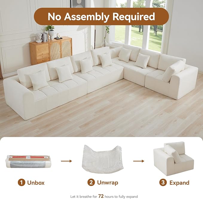 170''Modular Sectional Couches for Living Room, Cloud Boneless Compressed Sectional Sofa, Oversized L Shaped 7 Seater Upholstered Memory Foam Sofa, No Assembly, Chenille Beige