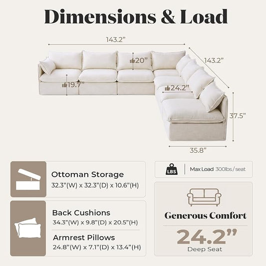 Cloud Modular Corner Sectional, Oversized Deep Seat Comfort, Linen Blend | Fully Removable Washable Covers, Memory Foam Seat Cushions, Premium Fabric