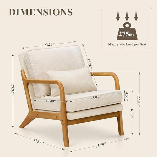 MALOL Mid-Century Accent Chair with Solid Wood Frame, Reading Relaxing Armchair Lumbar Pillow& Soft Cushion, Leisure Chair for Living Room, Bedroom, Waiting Room-Beige