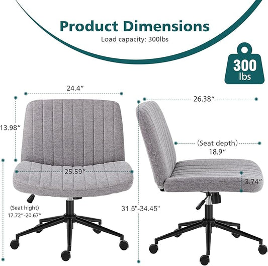 OLIXIS Criss Cross Chair with Wheels Wide Cross Legged Office Desk Vanity Chair Comfy Fabric Armless Height Adjustable Swivel for Home Computer Task Gray