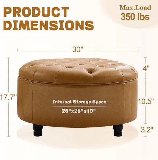 30-Inch Round Storage Ottoman, Button Tufted Ottoman Coffee Table with Removable Top for Living Room, Bedroom, Office (Bright Orange)