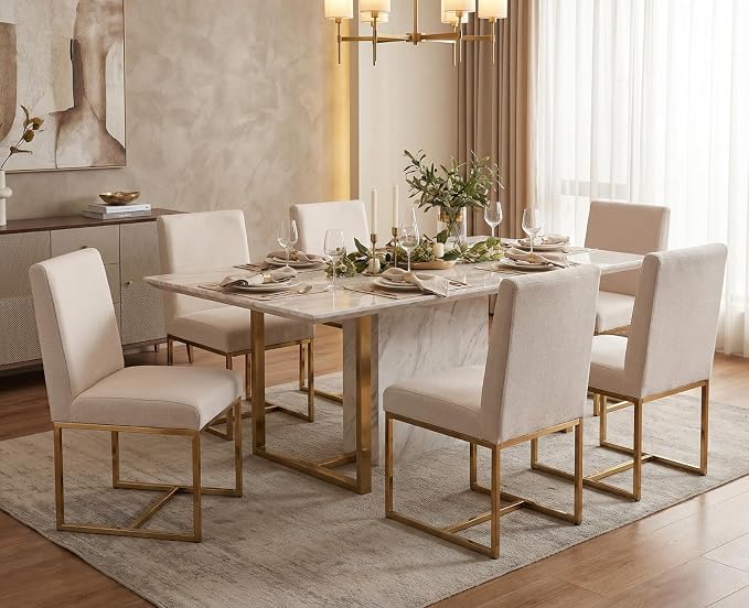 CIMOTA Modern Dining Chairs Set of 2, Upholstered Dining Room Chairs Armless Guest Side Chair with Gold Base for Dining Room/Kitchen, Beige, 2PCS