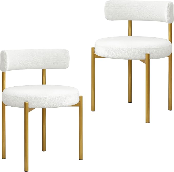 Boucle Dining Chairs Set of 6, White Dining Chairs with Upholstered Seat and Gold Legs, Mid-Century Modern Kitchen Chairs for Dining Room, Restaurant