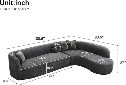 Curved Sectional Sofa with Chaise, 128" Oversized Cloud Couch, Chenille Fabric, High-Density Foam, Deep Seating, No Assembly, L-Shaped Sectional, Modern Living Room Sofa, Gray+Charcoal