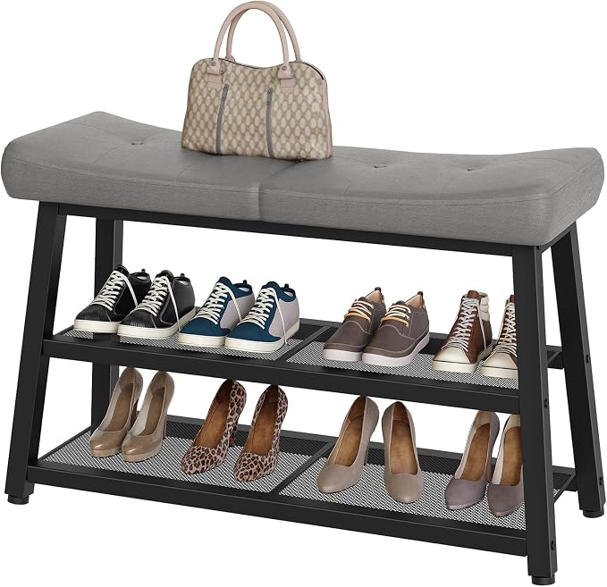 YATINEY Shoe Bench, 3-Tier Shoe Rack, Entryway Bench with Storage and Cushion, for Hallway, Foyer, Bedroom, Gray and Black HX02BG