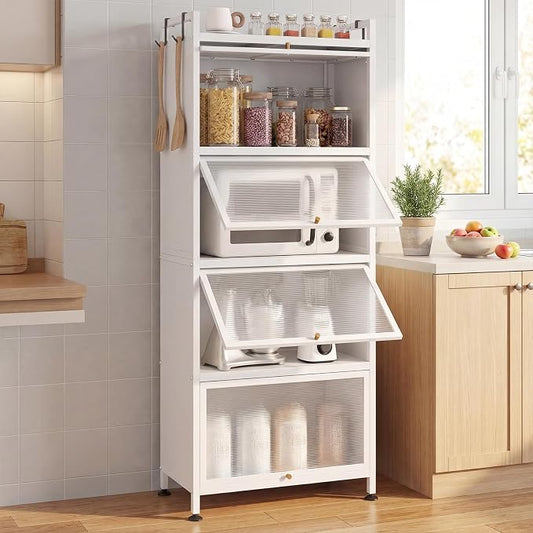 Giantex 5-Tier Kitchen Storage Cabinet, Freestanding Metal Pantry Cabinet w/ 4 Flip-up PC Doors, 4 Hooks & Adjustable Feet, 60” Tall Bakers Rack Microwave Stand for Dining Room, Living Room, White
