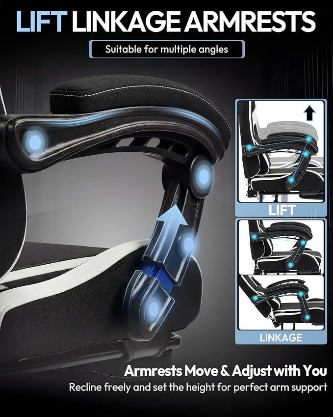 Dowinx Ergonomic Gaming Chair with Footrest & Massage Lumbar, 2D-Linkage Armrests for Computer Chair 330lbs with Headrest Pillow for Office, Home, Streaming and Long Gaming Sessions, Fabric White