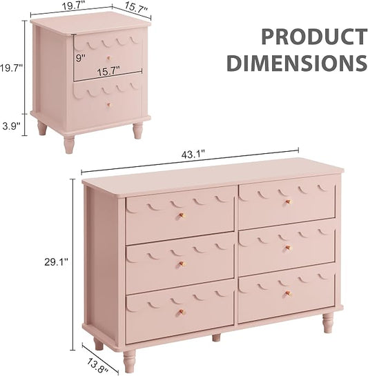 Anbuy Bedroom Sets Scalloped 6 Drawer Dresser and Night Stand Sets for Bedroom, Two Drawers Nightstand Set of 2 & 6 Drawer Dresser Combo 3 Pieces (Pink)