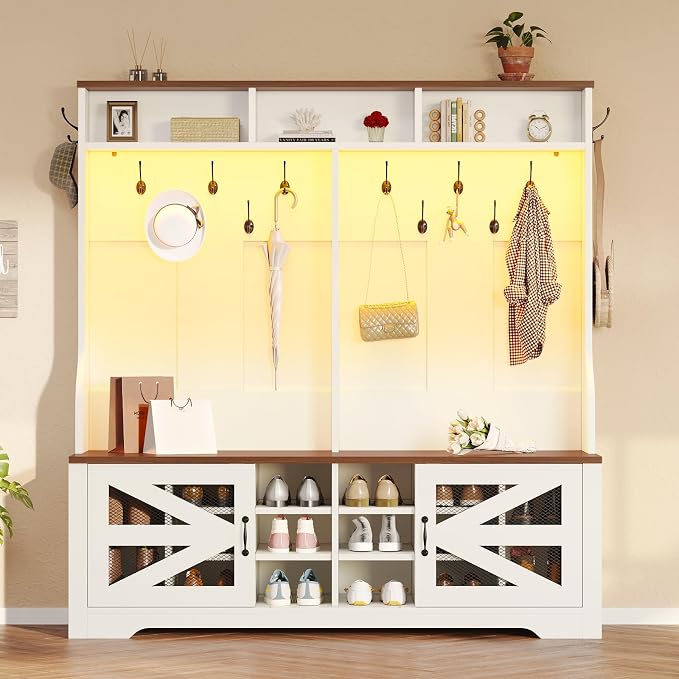 Itaar Hall Tree with Bench and Shoe Storage, 5-in-1 Entryway Bench with Coat Rack, 16 Shoe Cubbies & 12 Coat Hooks, Barn Door & Adjustable Shelf (White)