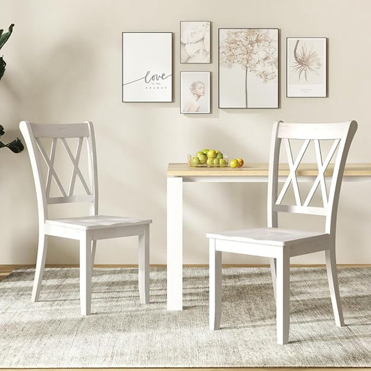 Giantex Wood Dining Chairs Set of 2 White, Armless Kitchen Chair w/Rubber Wood Frame, Cross Back, Contoured Seat, Farmhouse Wooden Side Chair, High Back Kitchen Chairs for Home Dining Room