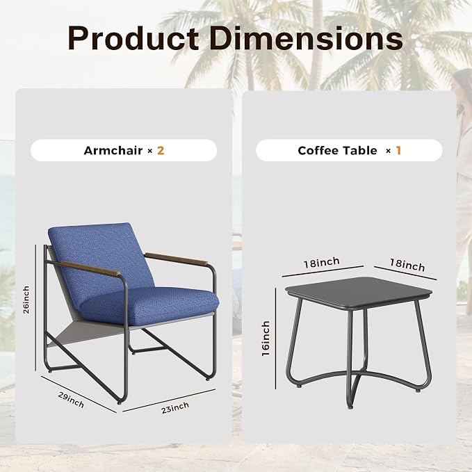 Premium 3-Piece Outdoor Patio Furniture Set with Comfortable Cushions, Weather-Resistant Frame & Compact Design for Small Balcony, Backyard & Porch,Blue