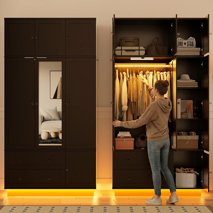 92.2" Tall Armoire Wardrobe Closet with Mirror & Motion Sensor Light, Large Storage Cabinet with 2 Drawers, Hanging Rod & Adjustable LED Strip, Anti-Tipping Wood Bedroom Furniture, 47.4"L, Black