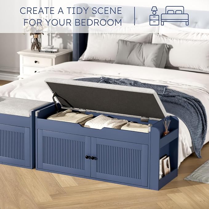 39.4" Storage Bench - Entryway Shoe Bench with Side Storage Shelves and 2 Doors, Multifunctional Entryway Bench with Lift Top Cushion, Shoe Storage Bench for Bedroom, Living Room, Navy Blue