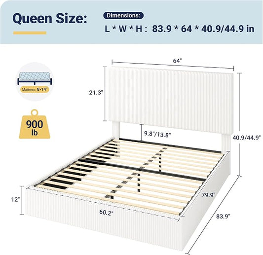 Allewie Queen Bed Frame, Upholstered Platform Bed, Adjustable Vertical Channel Tufted Headboard, Corduroy Fabric, Modern Low Profile, Wooden Slats, No Box Spring Needed, Easy Assembly, White