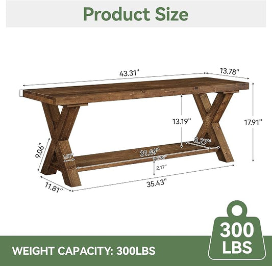 43.3" Solid Wood Bench, Farmhouse Wooden Entryway Bench with Storage Shelf, X-Shaped Leg Design, Entry Way Shoe Benches Seat for Hallway, Kitchen, Bedroom, Living Room