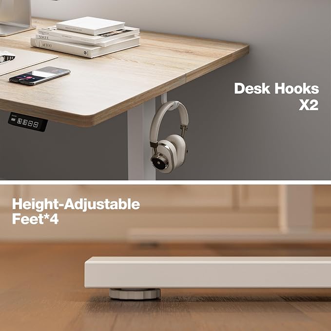 Grandder 47x32 Large Electric Standing Desk, Height Adjustable Computer Desk with 2 Memory Presets, 31.5" Deep Desktop Sit Stand Desk Home Office Desk Workstation Table with Hooks, Maple