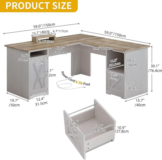 DWVO L Shaped Desk with File Drawer, 60" Corner Computer Desk with Power Outlets, Home Office Desk with Monitor Stand & Storage Shelves & File Cabinet, Grey Wash