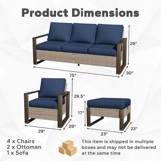 Joyside Outdoor Patio Chairs, 7 Pieces Wicker Rattan Furniture Set, 4 Patio Chairs, 1 Sofa and 2 Ottoman, Metal Wide Armrest, Thick Cushions and Deep Seating for Garden, Backyard, Porch, Deck
