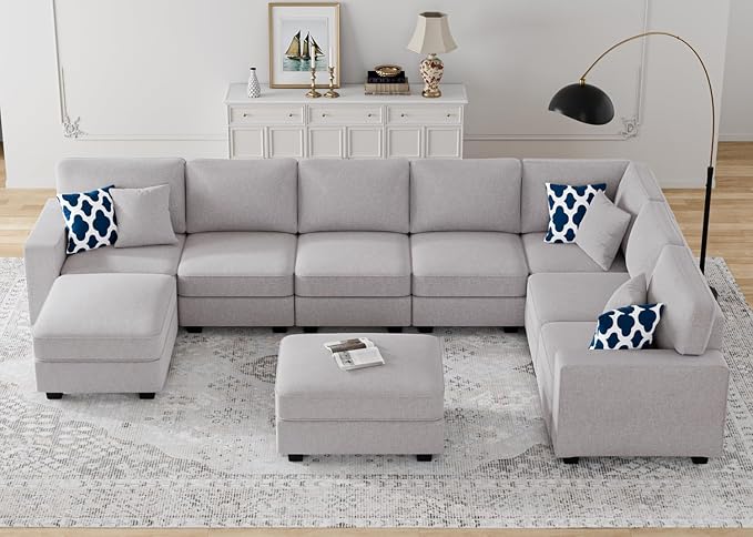 Legend Vansen Oversized Modular Sectional Sofa,U/L‑Shaped Reversible Couch with Ottoman,Deep Seat Plush Polyester Sofa for Living Room,9‑Seater,Light Grey