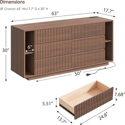 Whalefall 63 Inch Fluted 6 Drawers Dresser with Shelves, Walnut | Large Chest of Drawers for Bedroom, Mid Century Modern, Wood Closet Storage Organizer, Pedestal TV Stand for Living Room