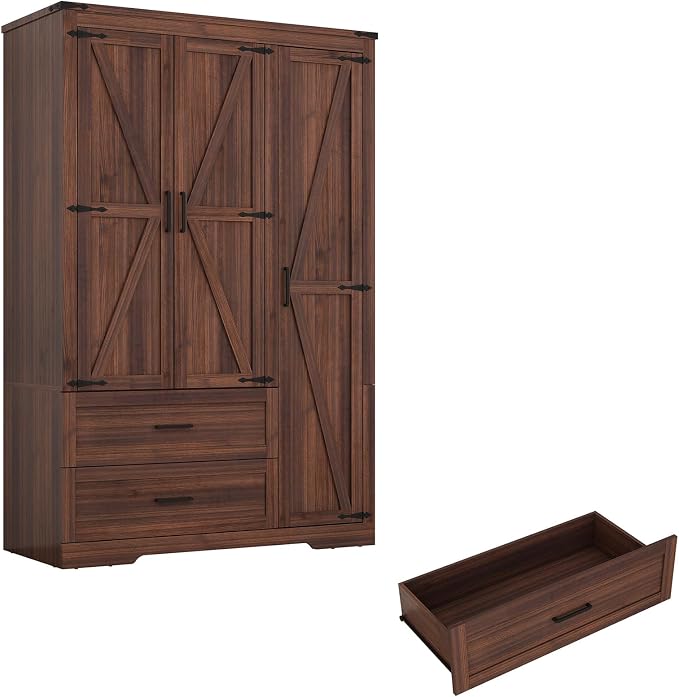 Hlivelood 3 Doors Wardrobe Armoire Closet with Doors and Drawers, Farmhouse Wooden Armoire Storage Cabinet with Shelves & Hanging Rod for Bedroom, Brown