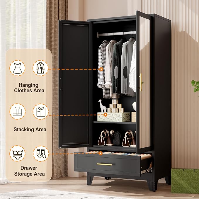 Metal Wardrobe Storage Cabinet with Mirror and Hanging Rod,71'' Metal Clothing Cabinet with 2 Doors and Drawer for Bedroom, Laundry Room, Cloak Room (Black)