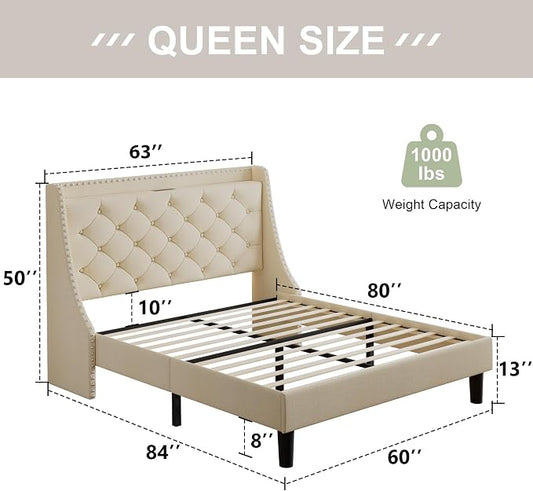 Feonase Queen Bed Frame with Luxury Wingback and Fast Charging Station,Queen Upholstered Button Tufted Storage Headboard Platform Bed,Sturdy Wooden Slats Support,Noise-Free,Easy Assembly, Beige