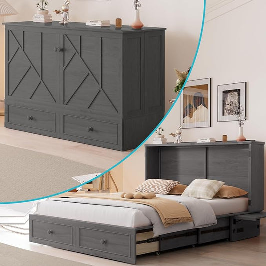 CECER Slate Grey Murphy Bed Cabinet with Mattress, Space-Saving Folding Bed
