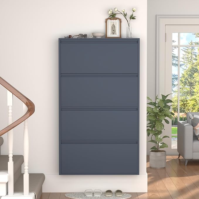GREATMEET Shoe Cabinet with 4 Flip Drawers, Slim Metal Shoe Cabinet Storage for Entryway, Hidden Narrow Shoe Rack Organizer Cabinets Wall Mount for Living Room, Bedroom, Hallway, Blue