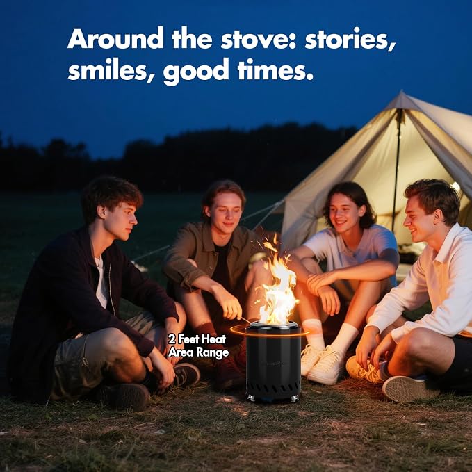 9.7 x 7.1 Inch Tabletop Fire Pit by AmazStove, Low Smoke Camping Stove for Outdoor Safe Burning Firepits, Fueled Pellets or Wood, Travel Bag Included (Black, 9.7 x 7.1 INCH)