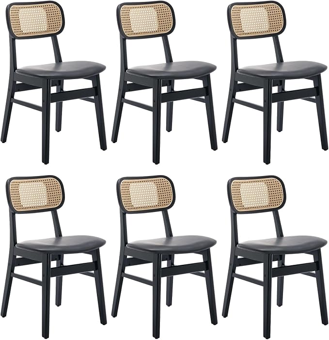 ROCITY Black Dining Chairs Set of 6 Faux Leather Dining Room Chairs with Rattan Back Farmhouse Kitchen Chairs Wooden Side Chairs