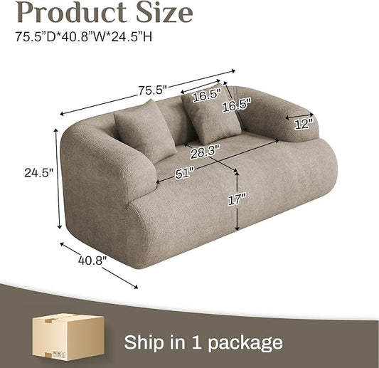 75" Boneless Cloud Loveseat, Modern Cute Curved Chenille Sofa, 2 Seater Compression Couch with 2 Pillows, No Assembly Required for Apartment Living Room, Light Brown