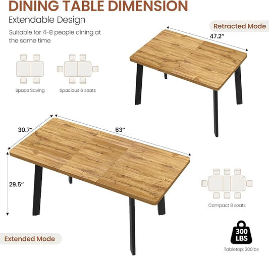 Extendable Dining Table for 4 to 8 People, 47.2" to 63" Modern Kitchen Table with Removable Extension Leaf, MDF Expandable Dining Room Table Compact for Small Spaces, Walnut
