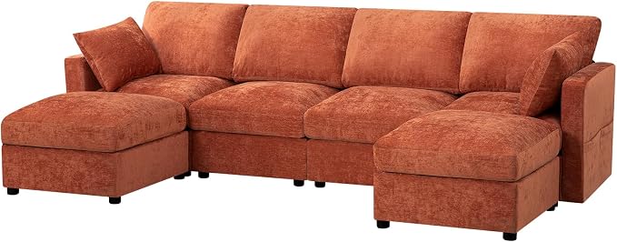 110” Chenille 4-Seats Sofa W/Two Movable Ottomans, Orange | Modern Fabric U-Shaped Couch w/Soft Backrests, Upholstered Sectional Sofa w/Arm Pillows for Living Room, Office