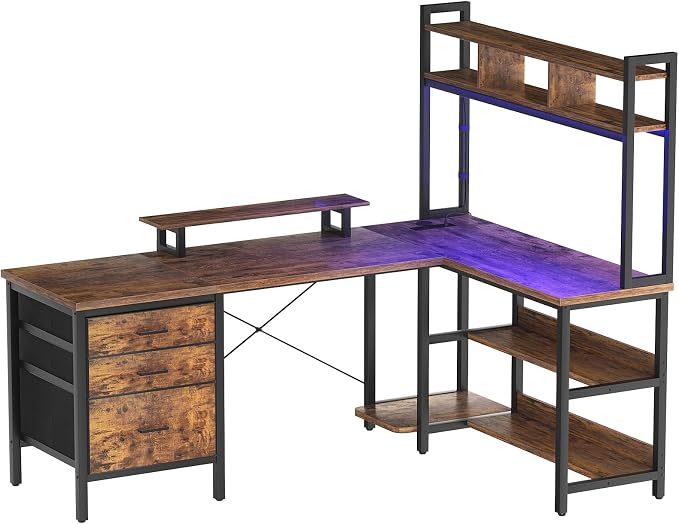 Aheaplus L Shaped Desk with Hutch, Gaming Desk with Led Lights, Reversible Computer Desk with Power Outlet, Corner Desk with File Drawer & Monitor Stand, Storage Shelves for Home, F1, Rustic Brown
