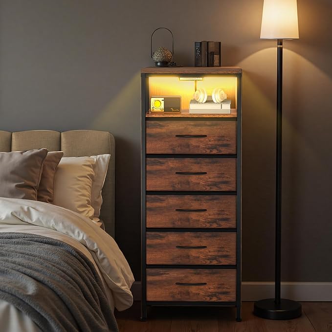 Sweetcrispy Nightstand with Charging Station, Dimmable LED Light Strip, 5 Fabric Storage Drawers, USB-C & AC Outlets, Sturdy Adjustable Feet, Modern Multifunctional Bedside Table, Brown