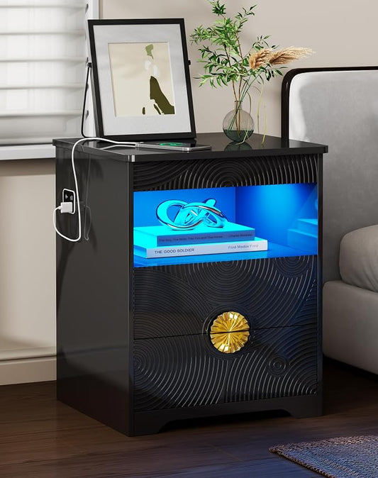 Modern Nightstand Set 2 with Gun Drawer, Bedside Table with 3-Color LED Lights & Human Sensor, Smart Night Stands with Charger Station, 2 Drawers End Table for Bedroom, Black