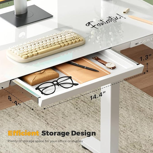 Glass Electric Standing Desk with Drawer, 35" x 20" Whole Piece Small Sit Stand Table, Height Adjustable Desk with Storage & USB Ports, Quick Install Home Office Computer Desk, White