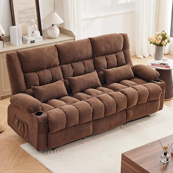 MAHOMICO Recliner Sofa with Cup Holders for Living Room 3 Seat Manual Oversized Recliner Chiar with Ergonomic, Side Pocket for Adult