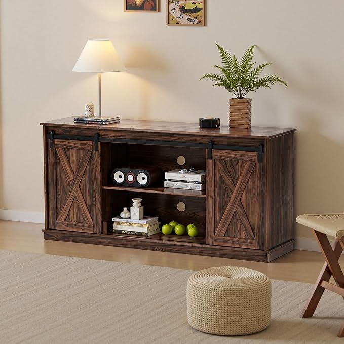 Sweetcrispy Farmhouse TV Stand 65 Inch for Living Room Bedroom Brown, Tall Entertainment Center with Storage Shelves, Media Console Cabinet with Wood Board, 300 LBS Capacity and Sliding Barn Door