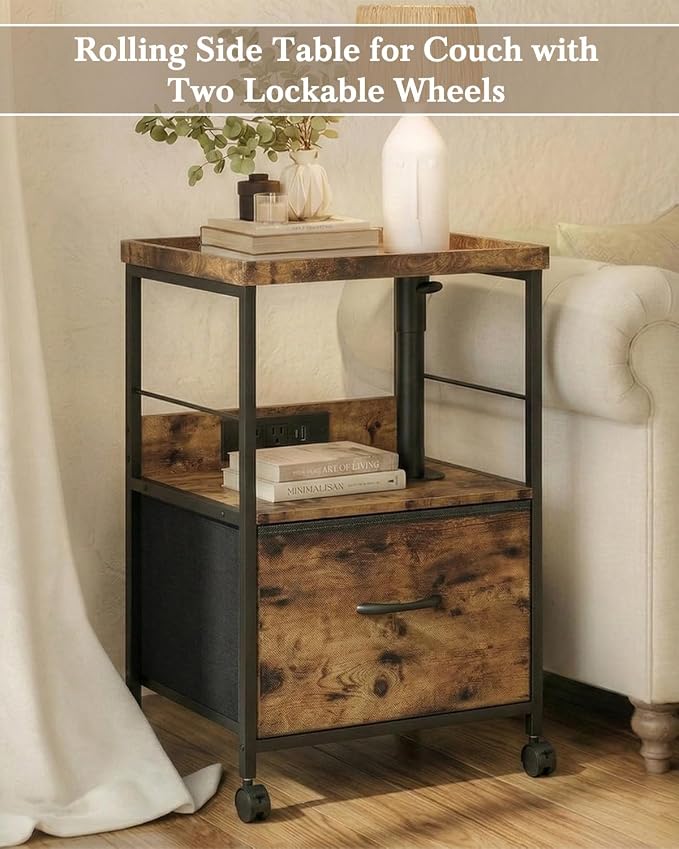 Faesun Swivel Lift Top Nightstand with Charging Station, Rolling Night Stand with Fabric Drawer, Adjustable Bedside Table for Bedroom, Living Room, Brown, Pro