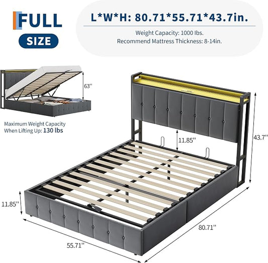 Garvee Full Size Lift Up Storage Bed with LED Lights, Upholstered Velvet Bed Frame with Storage Headboard & Charging Station, Metal Platform Bed, No Box Spring Needed, Solid Wooden Slats, Grey