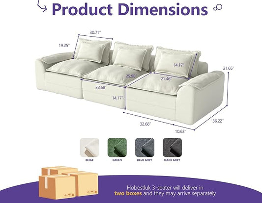 Hobestluk 120" Cloud Sectional Couch 3-Seater Sofa with Deep Seat Modular Sofa with Removable Cover Large Sofa Couch for Living Room (Beige, 3-Seater Sofa)