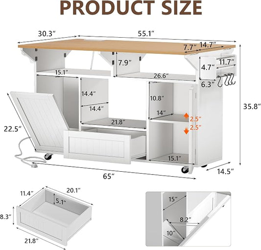 Einhomn 65" Kitchen Island with Power Outlet & Drop Leaf, Island Table for Kitchen with Trash Can Storage, Mobile Rolling Kitchen Islands on Wheels with Spice Rack, Towel Rack & 4 Side Hooks, White