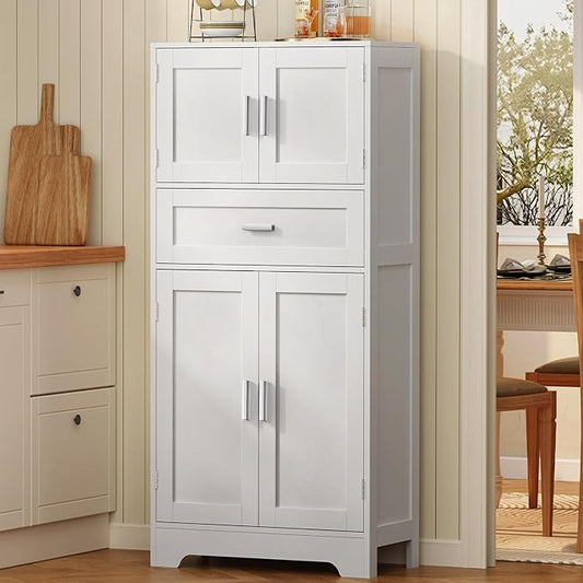 TEENFON Bathroom Storage Cabinet with Adjustable Shelf & Large Drawer, Tall Storage Cabinet with 4 Doors, Kitchen Pantry Storage Cabinets, for Living Room, Dining Room, Home Office, Entryway, White