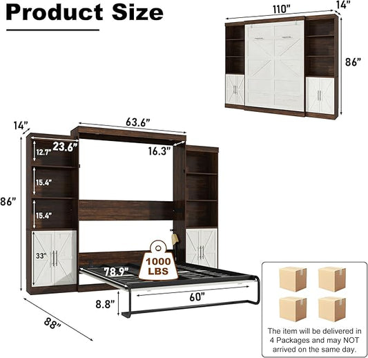 Hlivelood Queen Size Murphy Bed w/2 Storage Cabinet&2 LED Light, Farmhouse Wood Hidden Foldable Wall Bed Frame, Storage Bed Cabinet for Bedroom, Office, Space-Saving, No Box Spring Needed, White