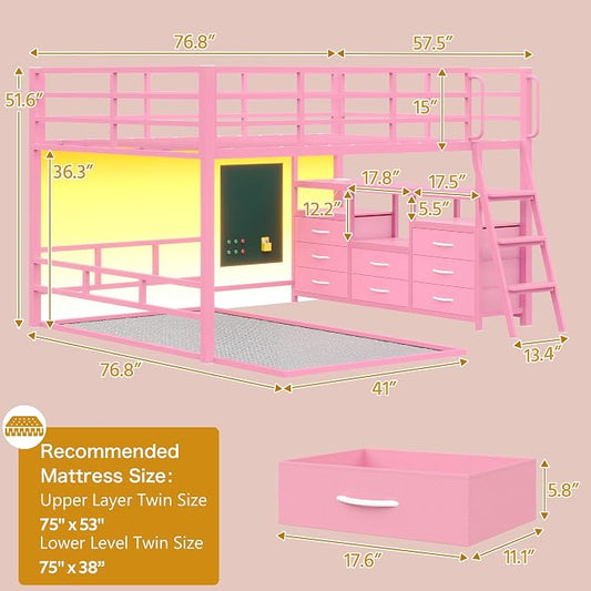 busyaeh Bunk Bed Full Over Twin,8 Drawer & 4 Shelve,15" H Safety Guardrail | Bunk Bed with Desk, Low bunk bed with LED Lights & Charging Station,L-Shaped Bunk Beds with Stairs,Girls bunk bed,Pink