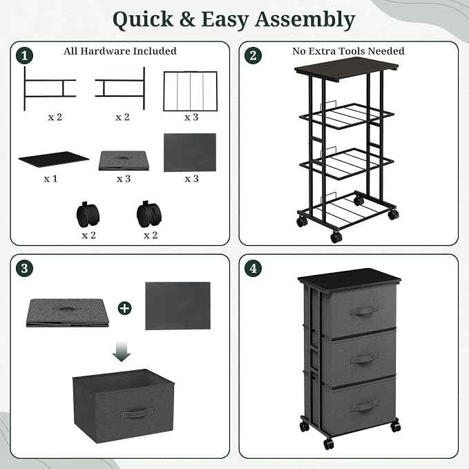 3 Drawers Dresser with Wheels, Storage Organizer with Removable Fabric Bins and Steel Frame, Small Nightstand Dresser for Bedroom, Office, Entryway, Ash Gray