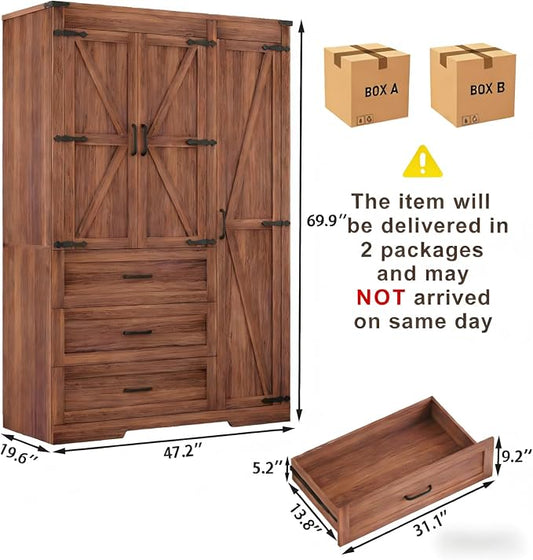 3 Door Armoire Wardrobe Closet Cabinet with 3 Drawers and Drawers, Farmhouse Bedroom Armoire with Hanging Rod and Adjustable Shelves, Large Capacity Storage Wardrobe Armoire for Bedroom, Brown